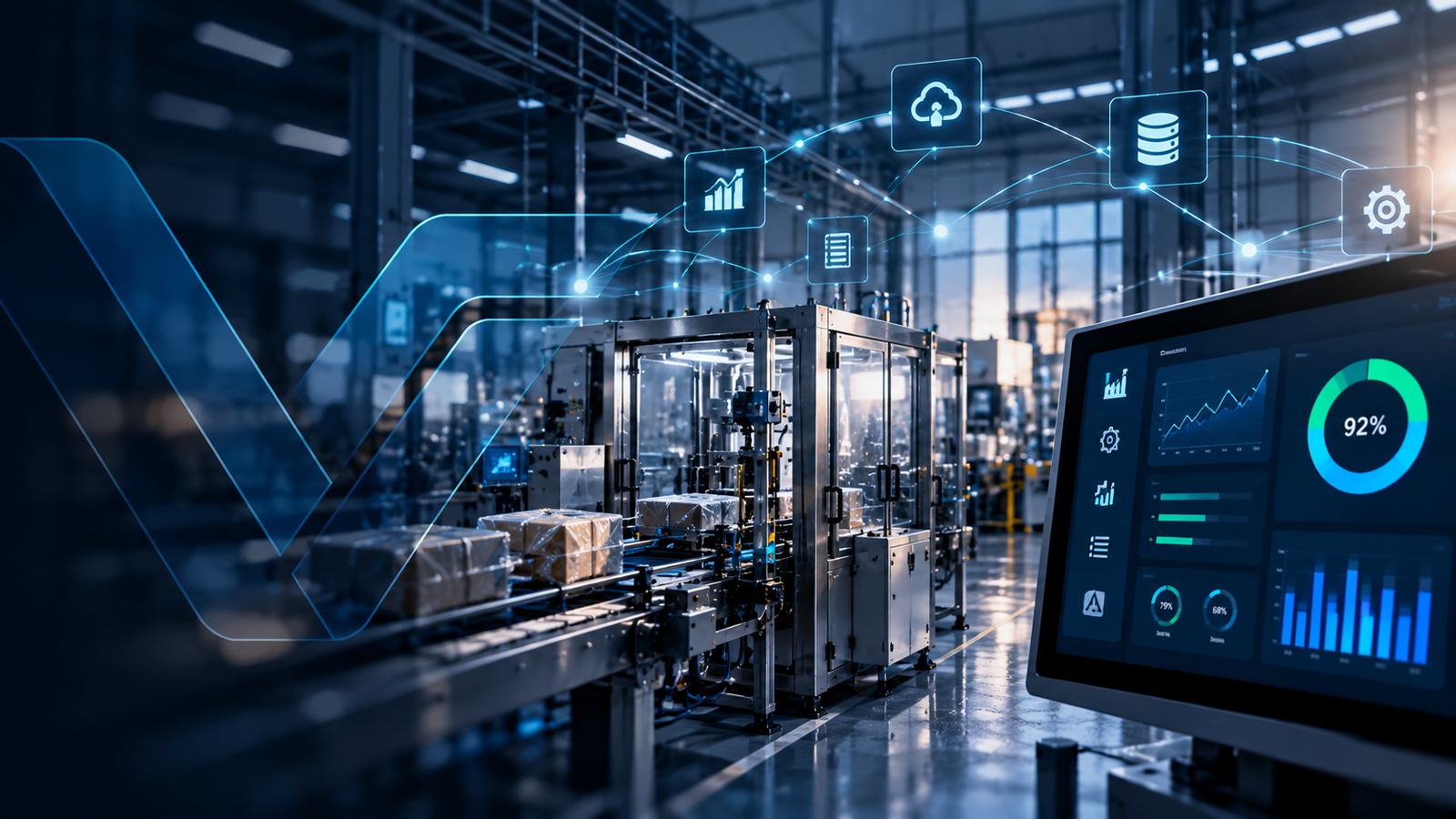 Linha de produção monitorada com indicadores digitais sobrepostos