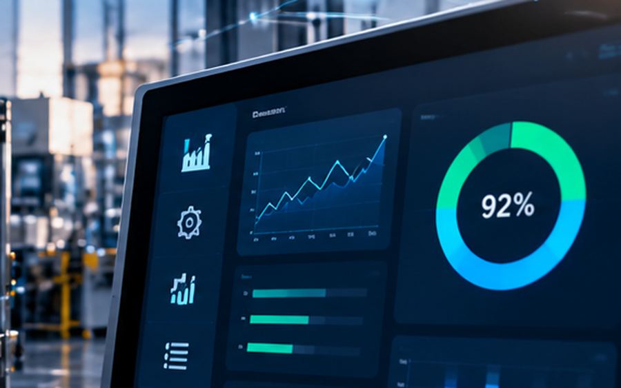 Dashboard com indicadores de desempenho em um monitor industrial