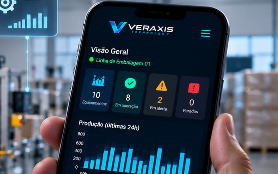 Painel de produção e alarmes em um celular, no chão de fábrica